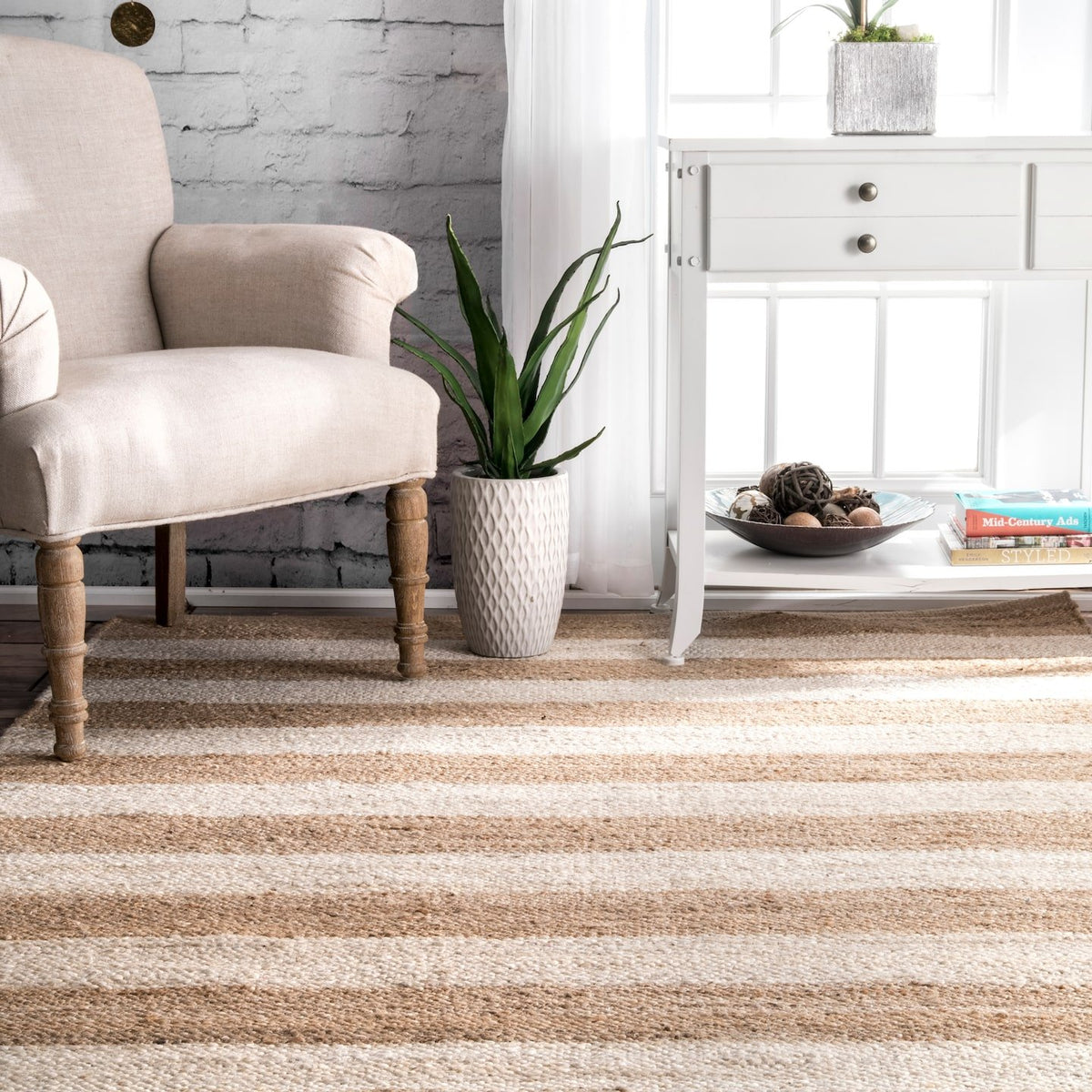 White Area Rug, Striped Pattern Rug, Natural Fiber Rug, Jute Area Rug Carpet