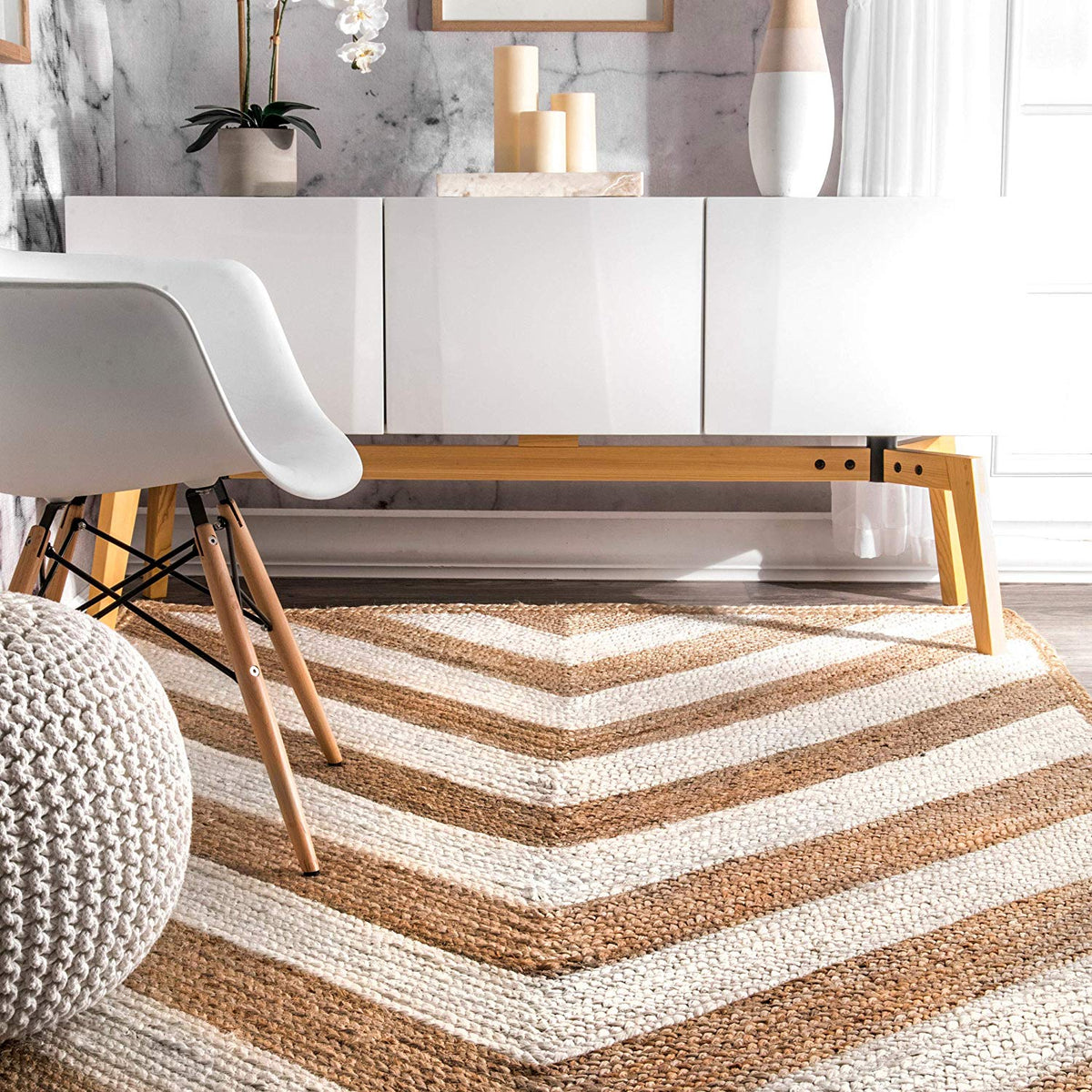 Natural Fiber Rug, Striped Pattern Rug, Jute Area Rug for Living Room/Bedroom