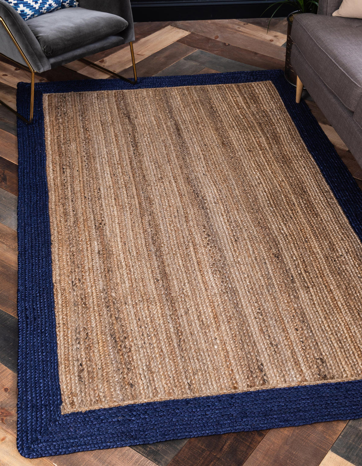 Navy Blue Rug, Natural Fiber Rug, Jute Area Rug, Bordered Pattern Rug