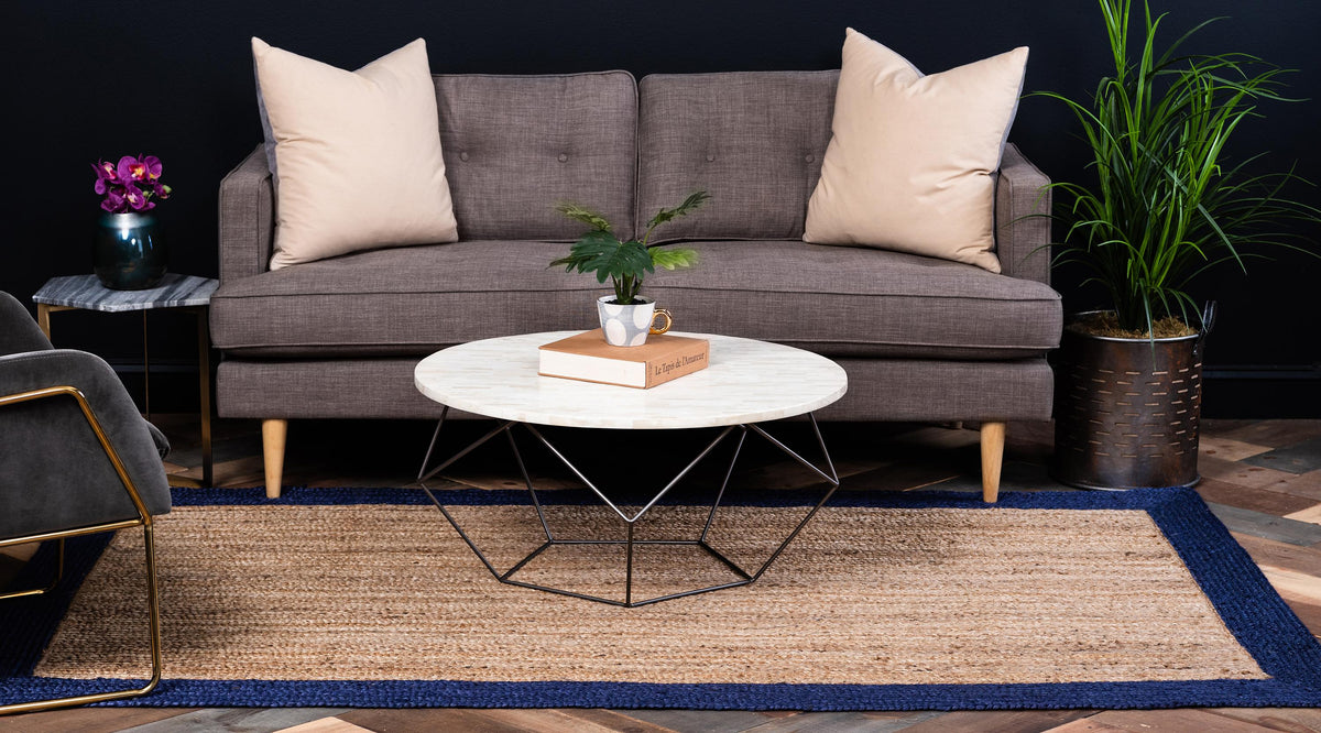 Navy Blue Rug, Natural Fiber Rug, Jute Area Rug, Bordered Pattern Rug