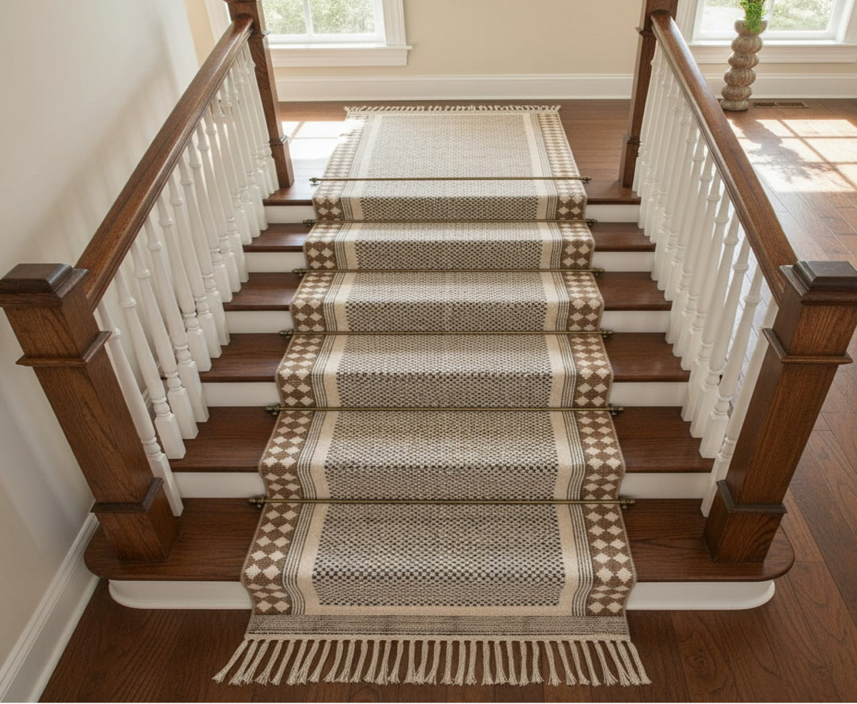 A woven stair runner with fringe and geometric patterns draped over a wooden staircase with white balusters.