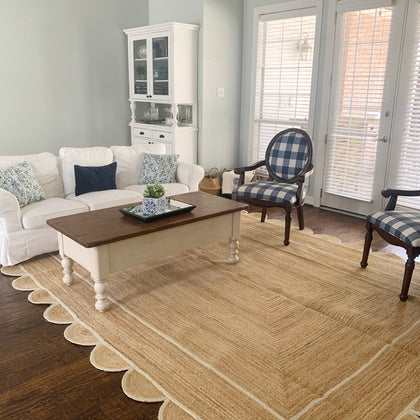Square Scalloped Rug for Dining Room 10'x10' Hemp Jute Scalloped Runner 2.6'x20'
