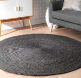 Black Braided Jute Area Rug, 6' Round Jute Rug Hand Woven Farmhouse Rugs