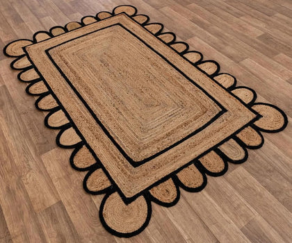 Black Scalloped Edge Jute Rugs 6'x9' Handwoven Scalloped Runner for Hallway