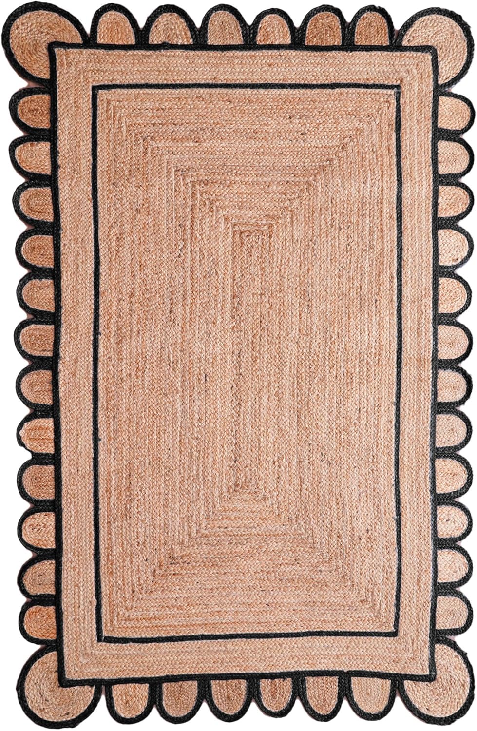 Black Scalloped Edge Jute Rugs 6'x9' Handwoven Scalloped Runner for Hallway