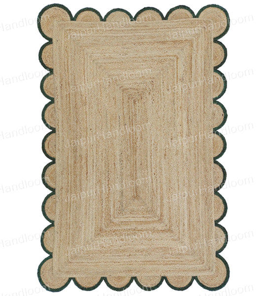 Bottle Green Scalloped Jute Rug 7'x9' Hemp Jute Scalloped Runner for Hallway 2.5'x18'