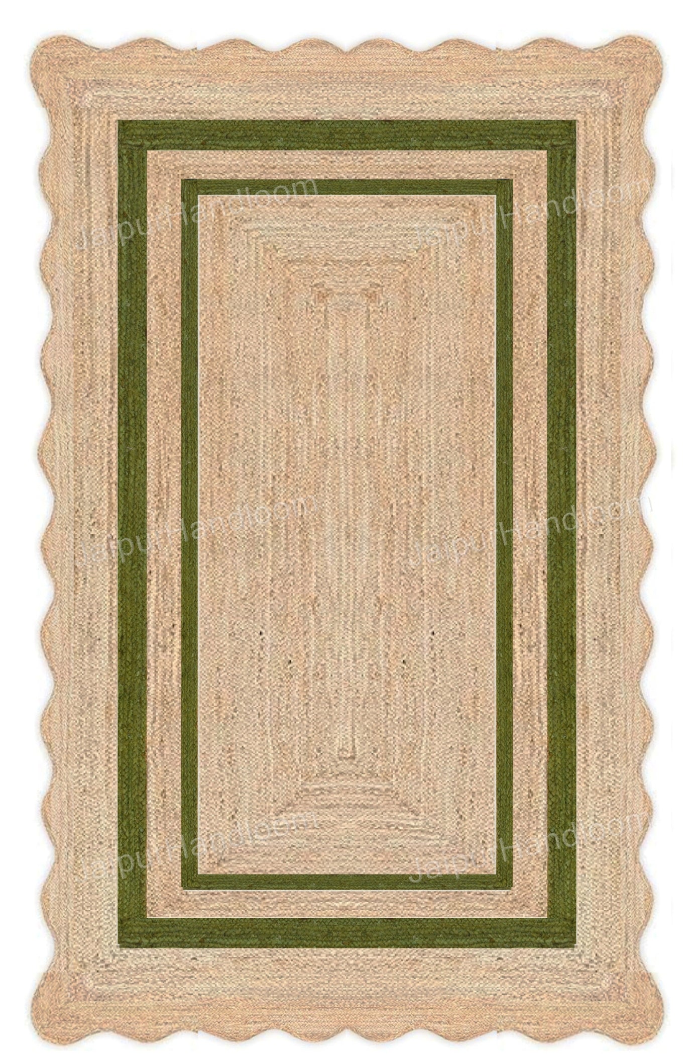 Bottle Green Scalloped Rug Natural Jute Carpet Wavy Scalloped Runner