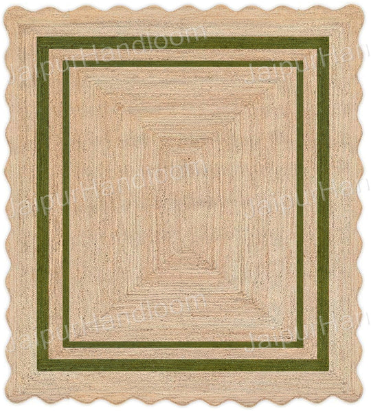 Bottle Green Scalloped Rug Natural Jute Carpet Wavy Scalloped Runner