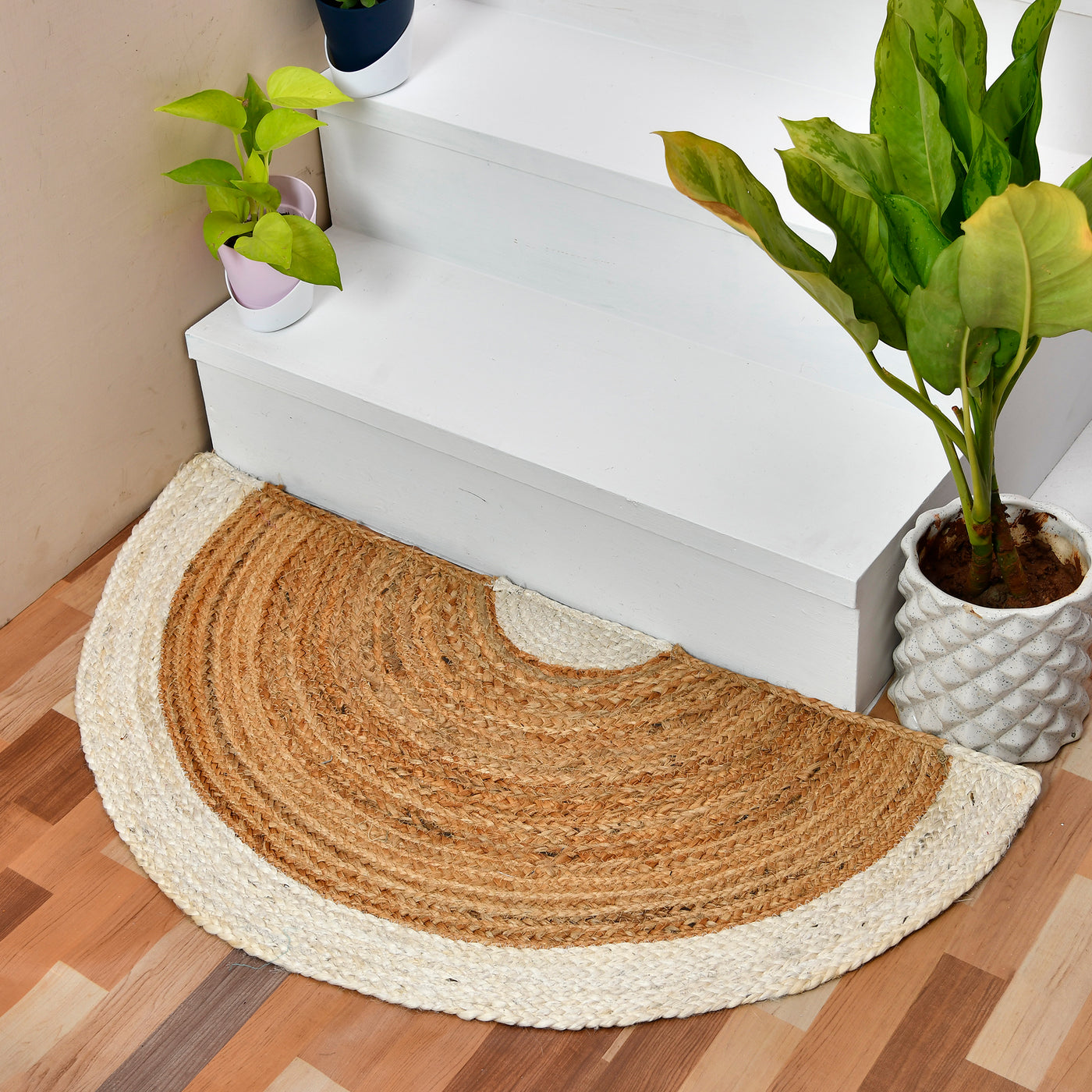 Off White Half Moon Welcome Mat, Natural Half Round Doormat, Braided Jute Doormat for Front Door