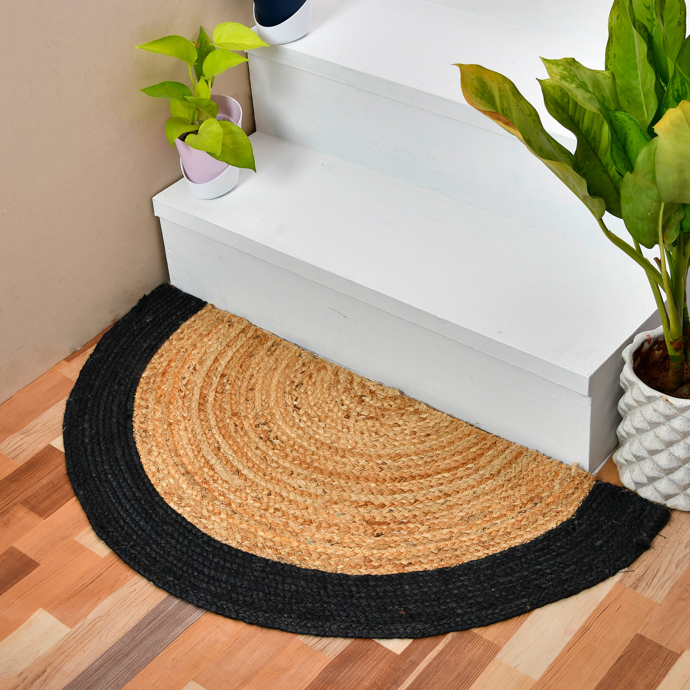 Bohemian Jute Doormat for Front Door, Handl Circle Entryway Rug, Half Moon Doormat