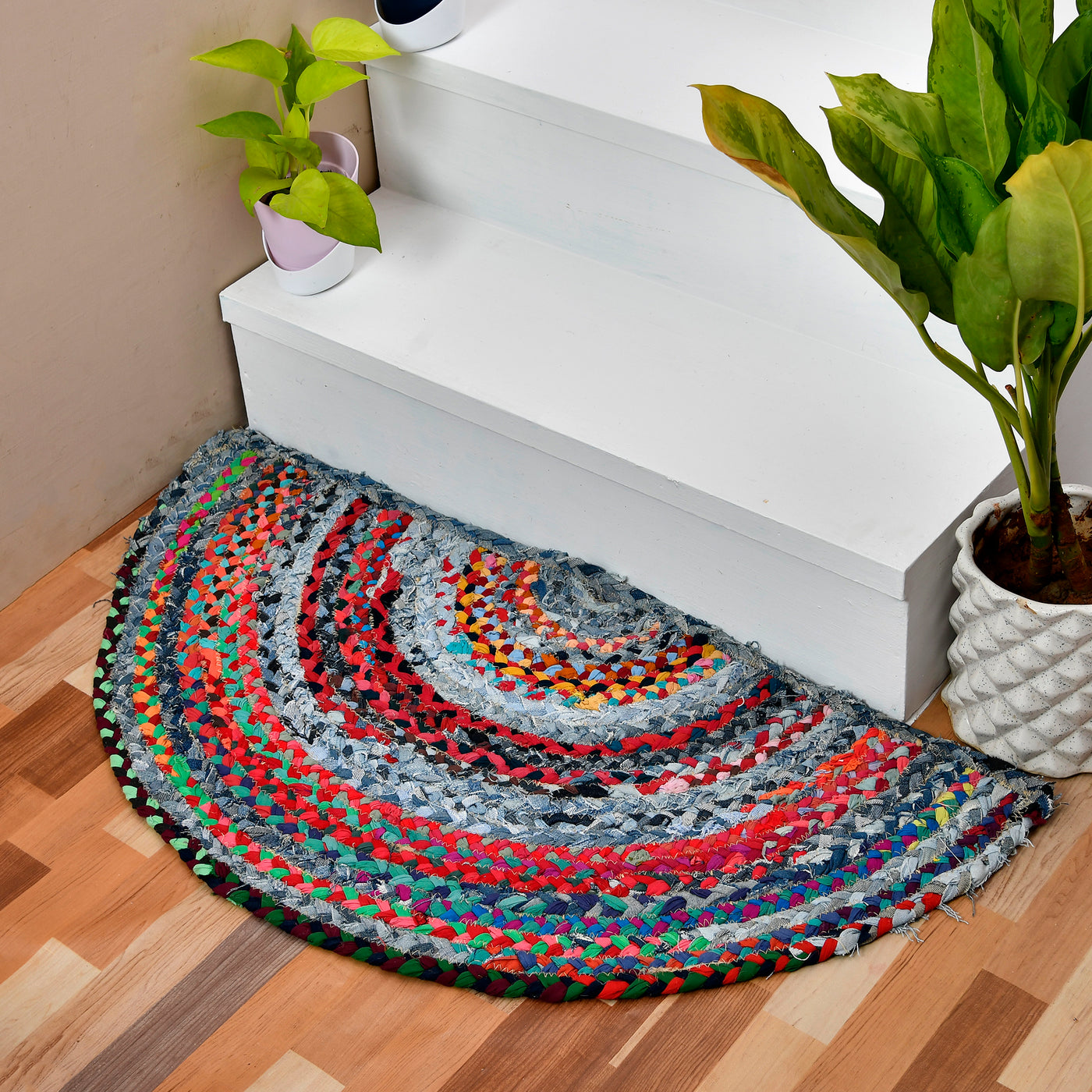 Handwoven Denim Rug for Entryway & Front Door, Half Circle Cotton Doormat, Half Moon Doormat
