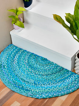 Blue Cotton Braided Half Circle Rug for Front Door, Half Moon Welcome Doormat, Half Round Cotton Rug