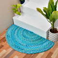 Blue Cotton Braided Half Circle Rug for Front Door, Half Moon Welcome Doormat, Half Round Cotton Rug