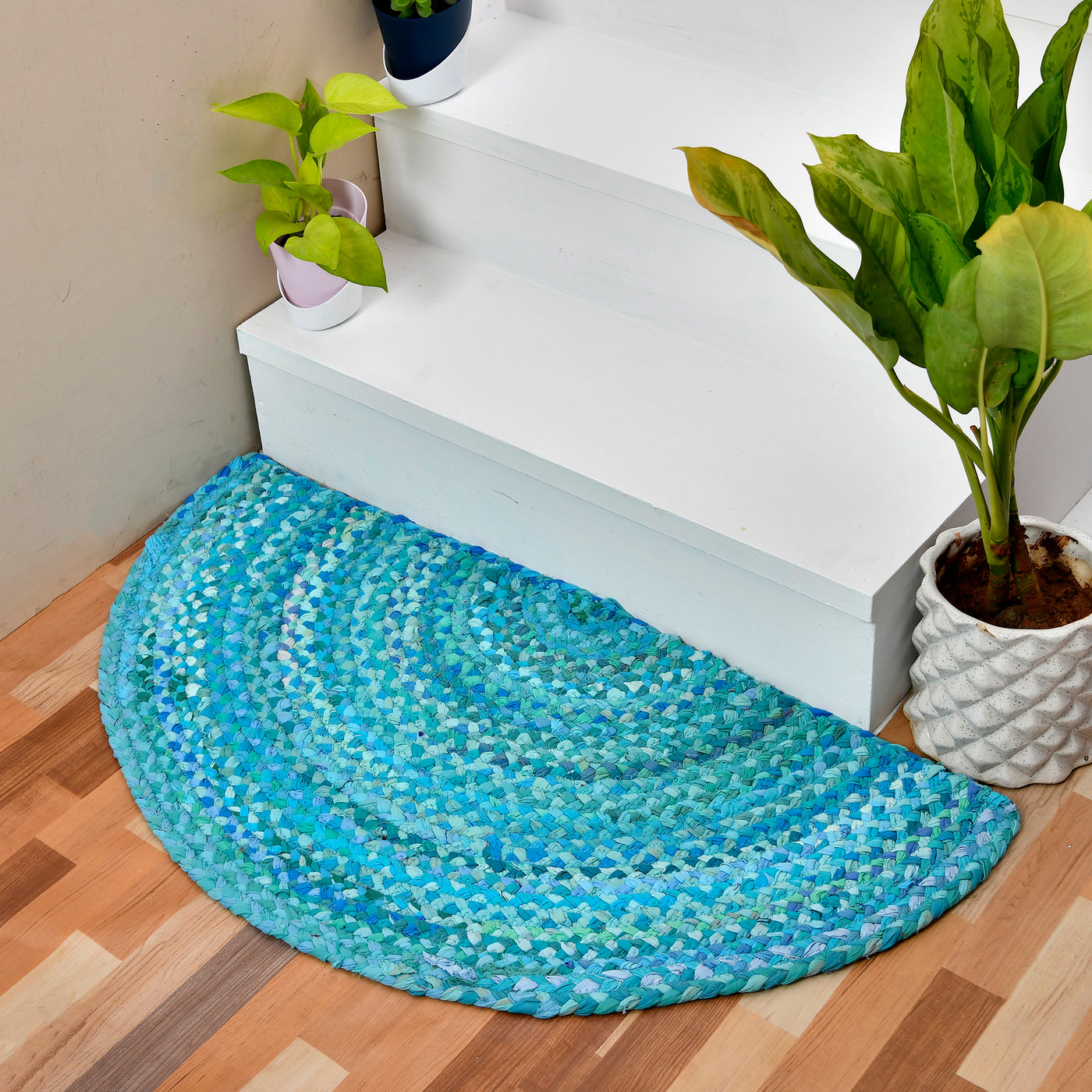 Blue Cotton Braided Half Circle Rug for Front Door, Half Moon Welcome Doormat, Half Round Cotton Rug
