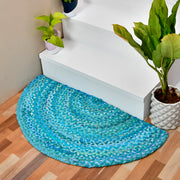 Blue Cotton Braided Half Circle Rug for Front Door, Half Moon Welcome Doormat, Half Round Cotton Rug