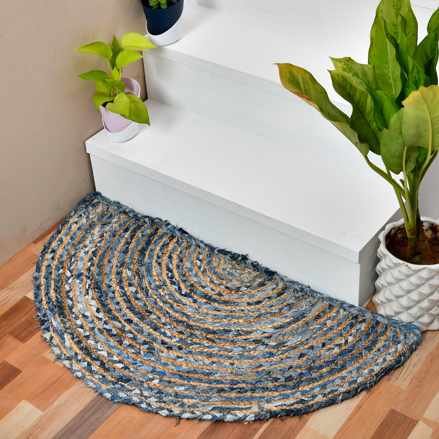 Braided Denim Jute Half Circle Rug for Front Door, Half Moon Entryway Rug, Half Moon Welcome Doormat