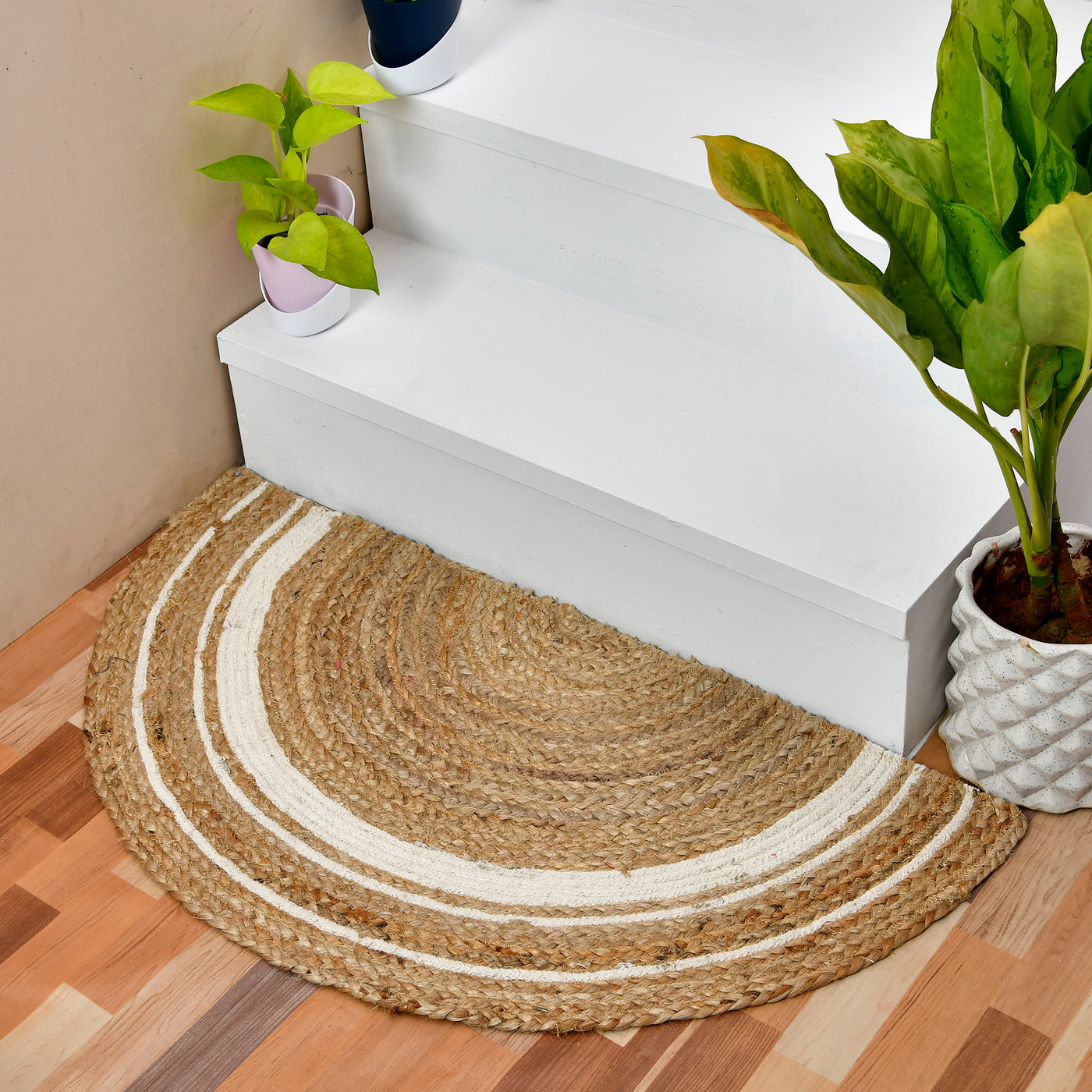 Striped Jute Doormat for Front Door, Half Moon Jute Rug, Braided Entryway Doormat Half Round Shape