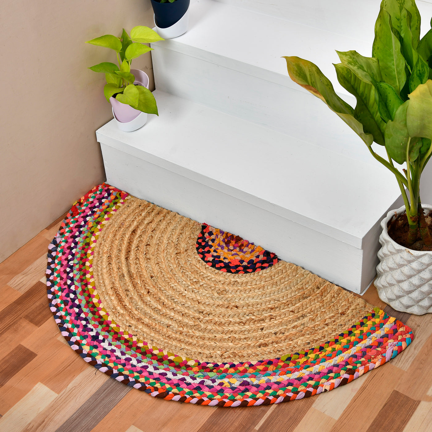 Half Circle Cotton Doormat for Farmhouse Decor, Braided Half Moon Entryway Doormat for Front Door