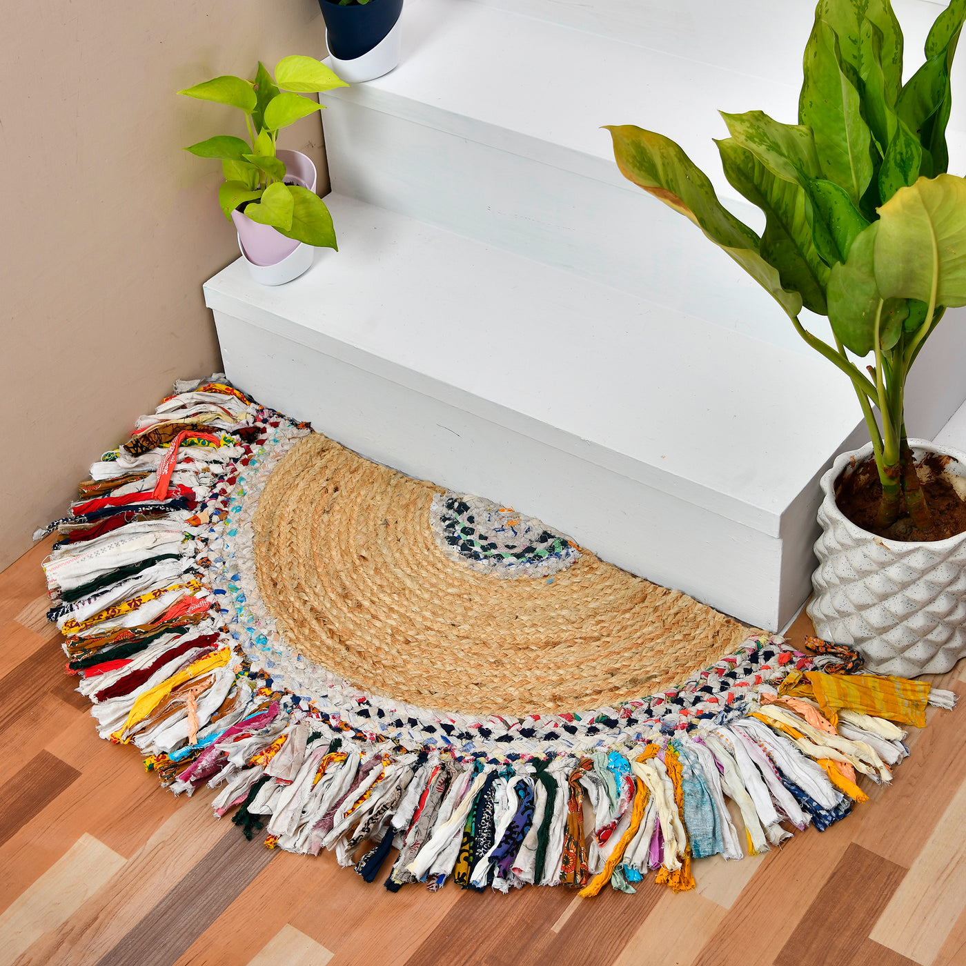 Handmade Half Moon Rug, Cotton Entryway Mat for Front Door Decor, Half Circle Doormat for Bathroom