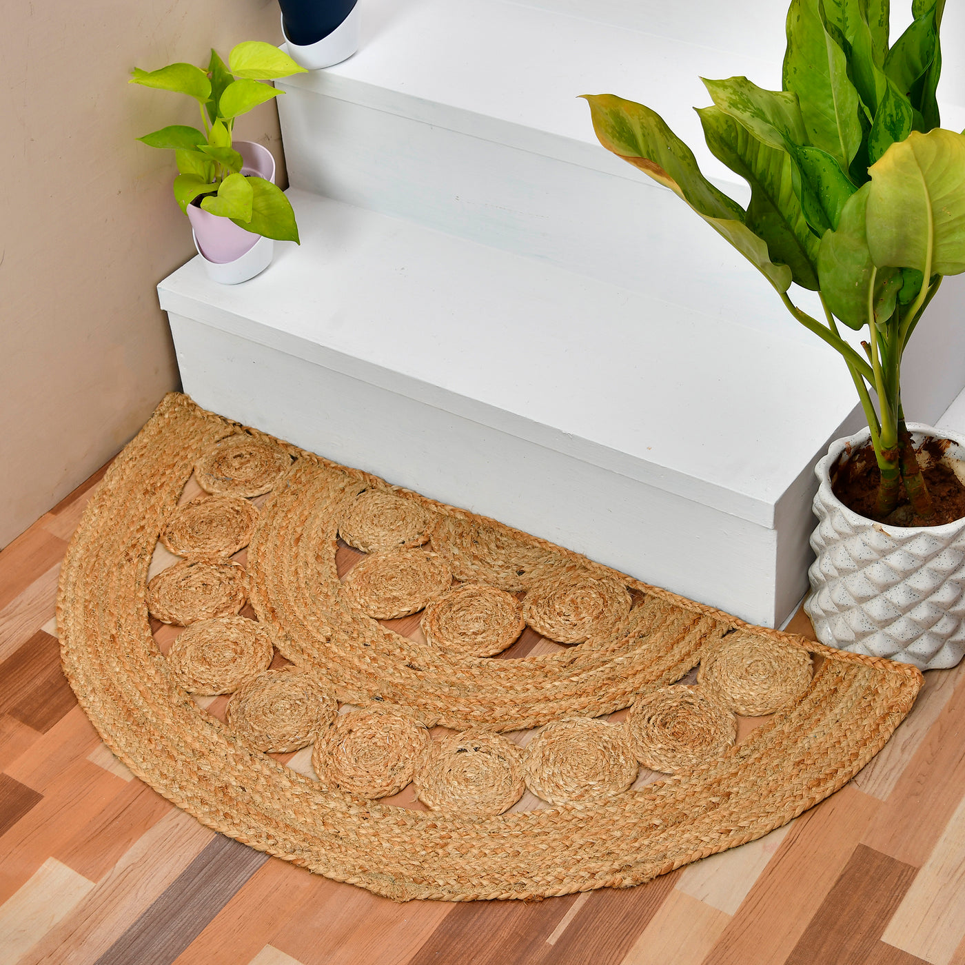 Natural Jute Braided Entryway Rug for Front Door, Half Moon Doormat, Half Circle Round Rug