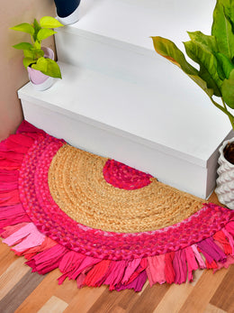 Bohemian Cotton Chindi Doormat for Entryway/Front Door, Soft Reversible Semi Circle Bath Mat