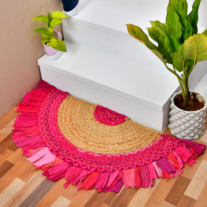 Bohemian Cotton Chindi Doormat for Entryway/Front Door, Soft Reversible Semi Circle Bath Mat