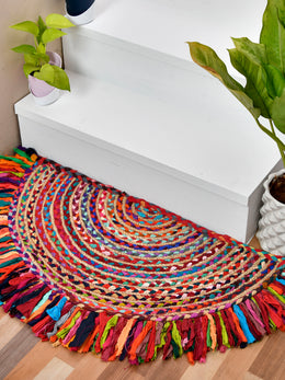 Multicolor Braided Chindi Half Moon Doormat, Half Round Cotton Rug for Front Door, Woven Kitchen Doormat
