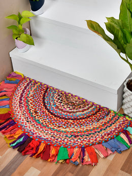 Hand Braided Cotton Chindi Half Circle Rug for Entryway/Front Door, Half Moon Cotton Rug for Bathroom