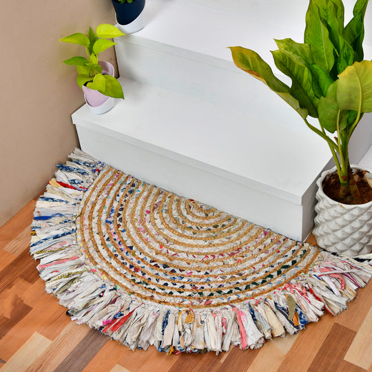 White Cotton Woven Half Circle Doormat, Half Round Cotton Doormat for Front Door/Entryway/Bathroom