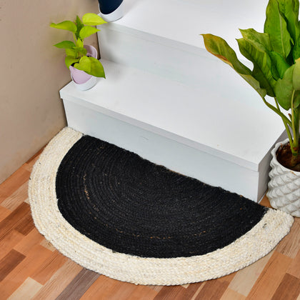Black White Jute Doormat Rug, Half Circle Jute Rug for Front Door Entrace, Half Moon Welcome Doormat