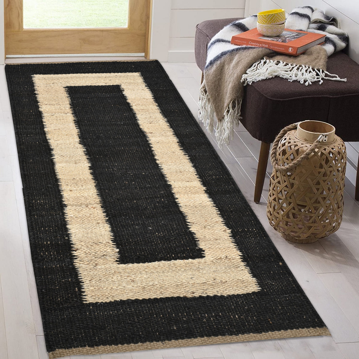 Natural Jute Runner Rug for Hallway/Kitchen/Entryway | Black Jute Stair Runner Carpet