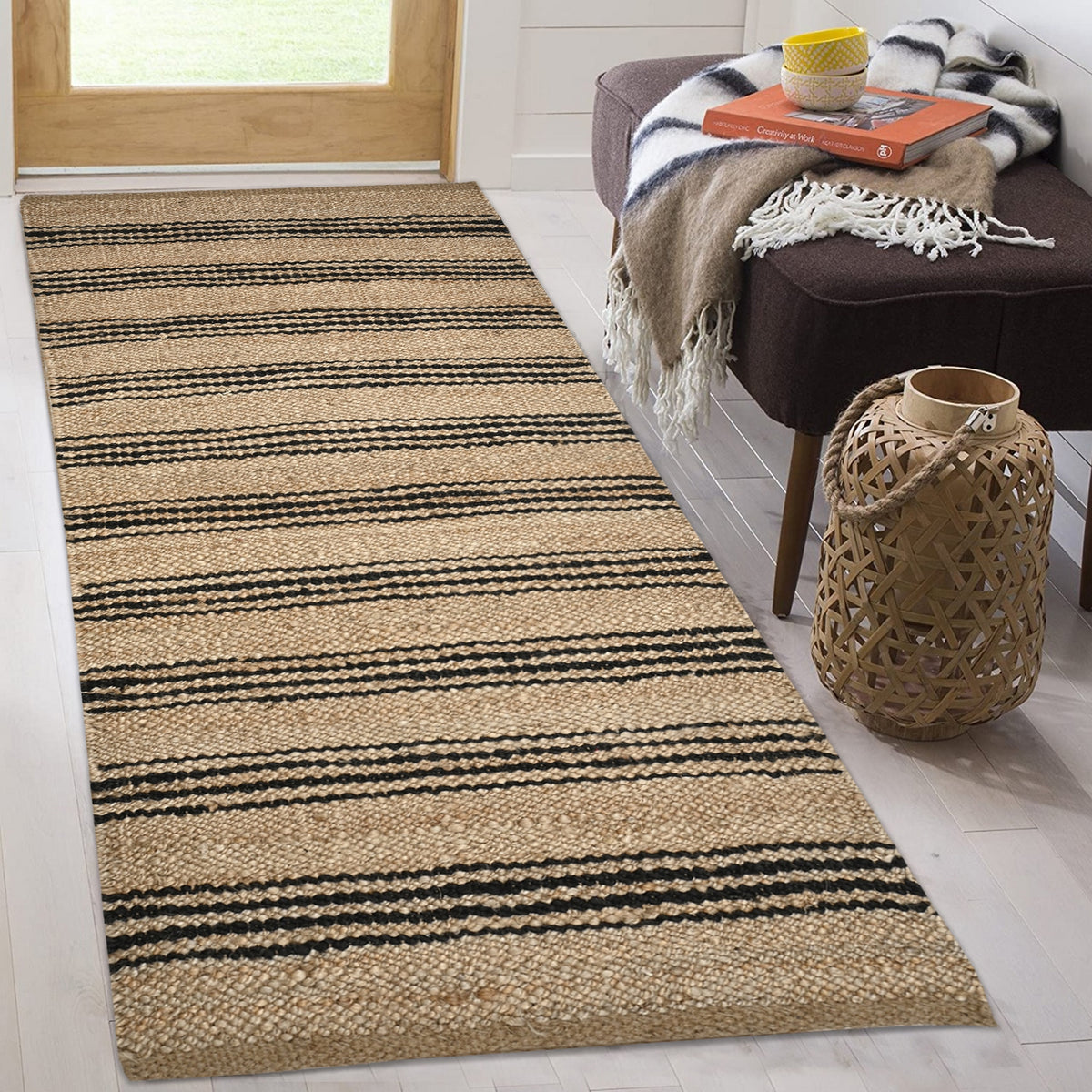 Striped Pattern Jute Stair Carpet | Handwoven Hallway Runner for Heavy Traffic Areas