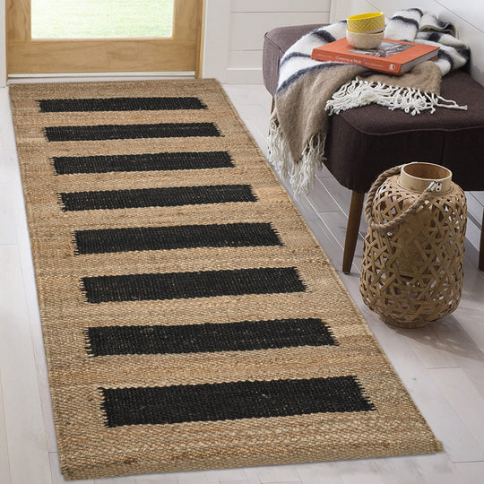 Black Beige Jute Runner Rug for Hall/Entry Door/Kitchen | Seagrass Jute Runner for Stairs