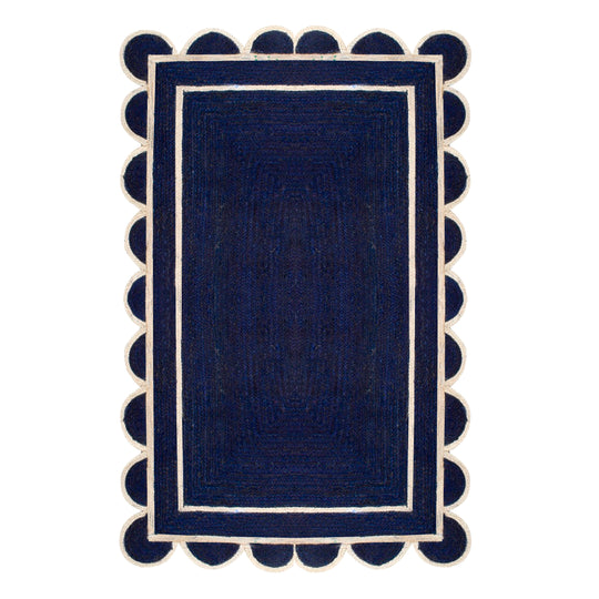 Navy Blue Scalloped Jute Rug | Scallop Edge Rug | Jute Scalloped Carpet