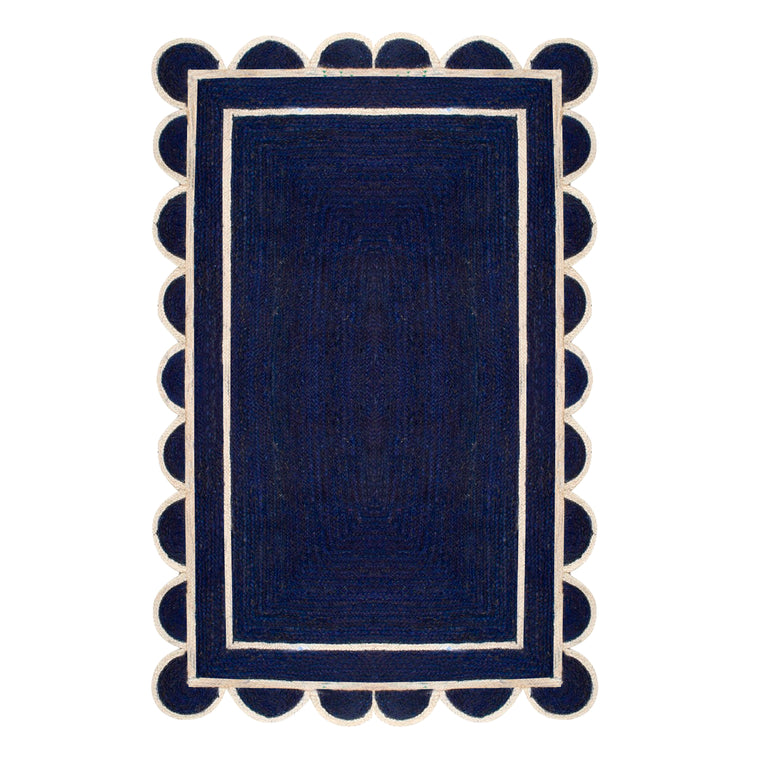 Navy Blue Scalloped Jute Rug | Scallop Edge Rug | Jute Scalloped Carpet