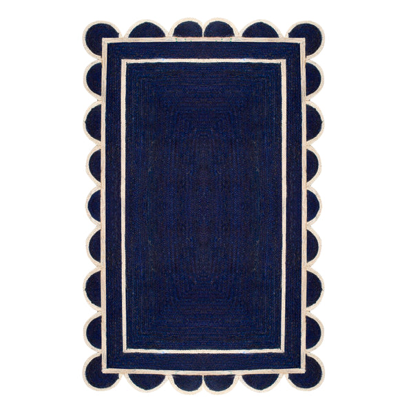Navy Blue Scalloped Jute Rug | Scallop Edge Rug | Jute Scalloped Carpet