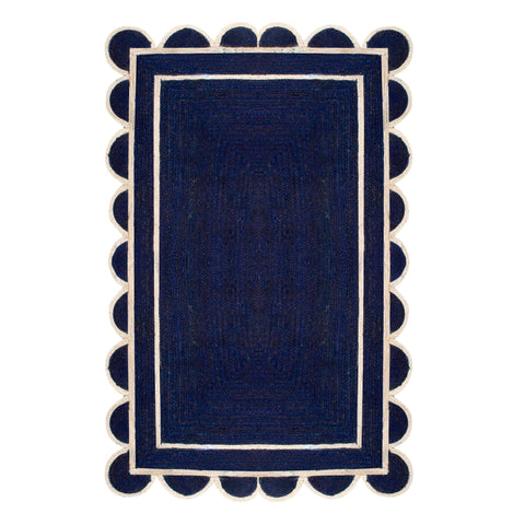 Navy Blue Scalloped Jute Rug | Scallop Edge Rug | Jute Scalloped Carpet