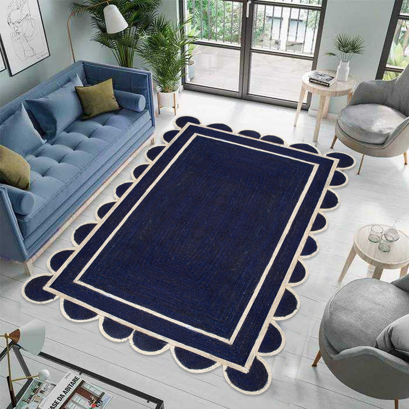 Navy Blue Scalloped Jute Rug | Scallop Edge Rug | Jute Scalloped Carpet