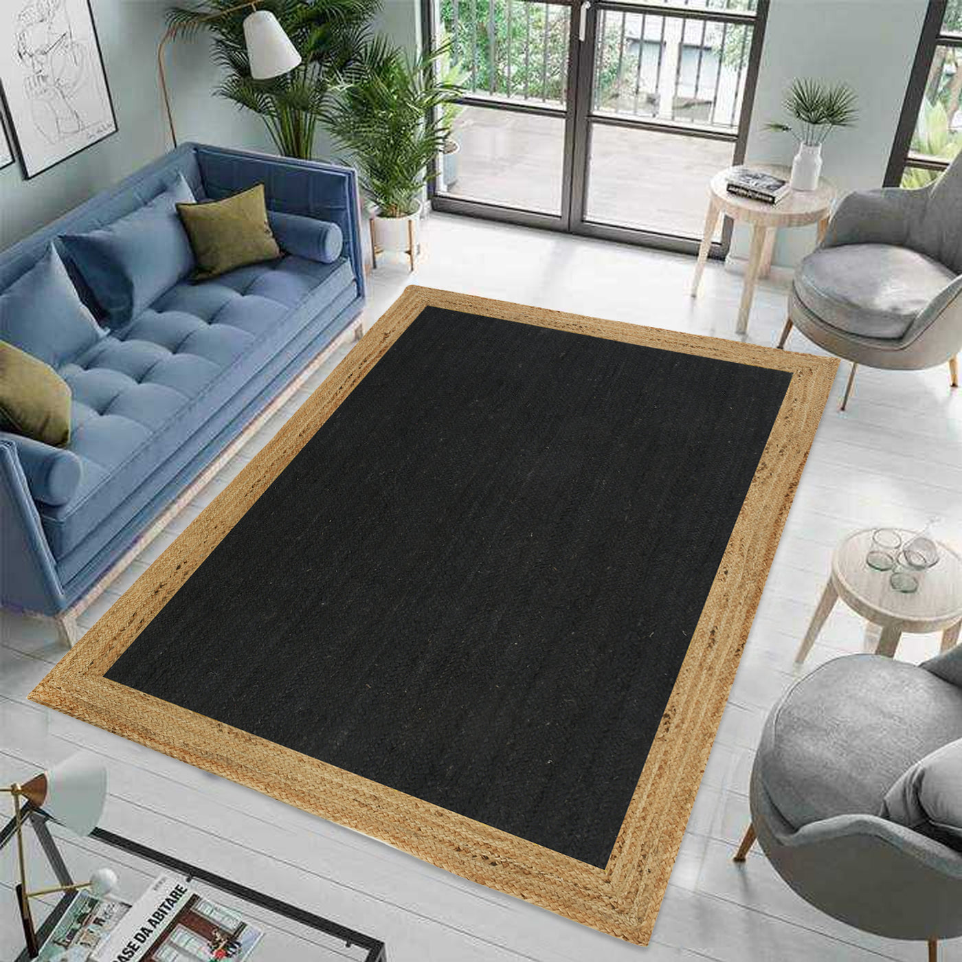 Braided Jute Rug Runner, Black Area Rug Carpet, Long Hallway Runner, Natural Woven Jute Rug