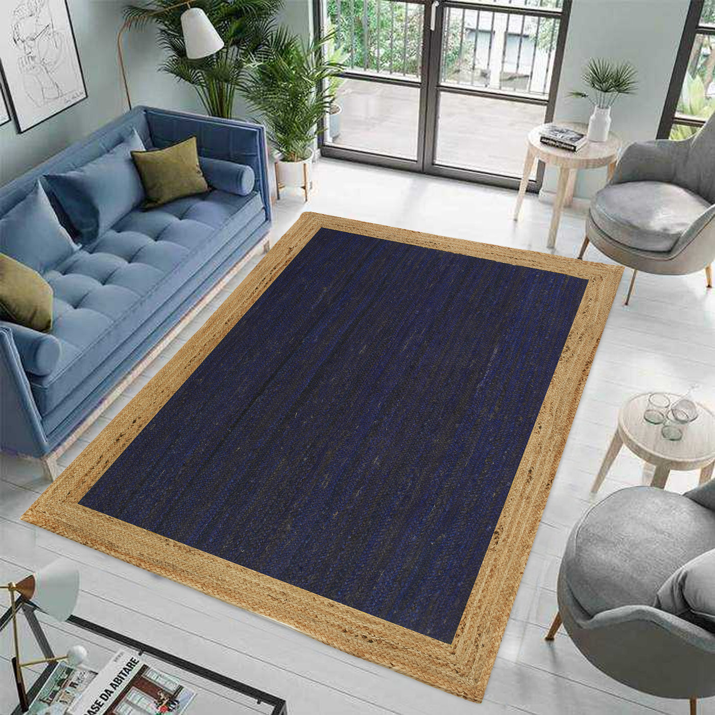 Navy Blue Rug Runner, Braided Hallway Carpet, Natural Woven Jute Rug in Custom Size