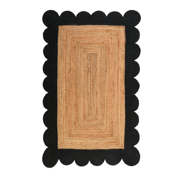 Natural Jute Scalloped Rug, Black Scallop Edge Rug Runner, Modern Decor Boho Hallway Carpet 