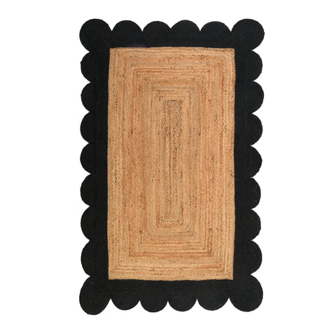 Natural Jute Scalloped Rug, Black Scallop Edge Rug Runner, Modern Decor Boho Hallway Carpet 