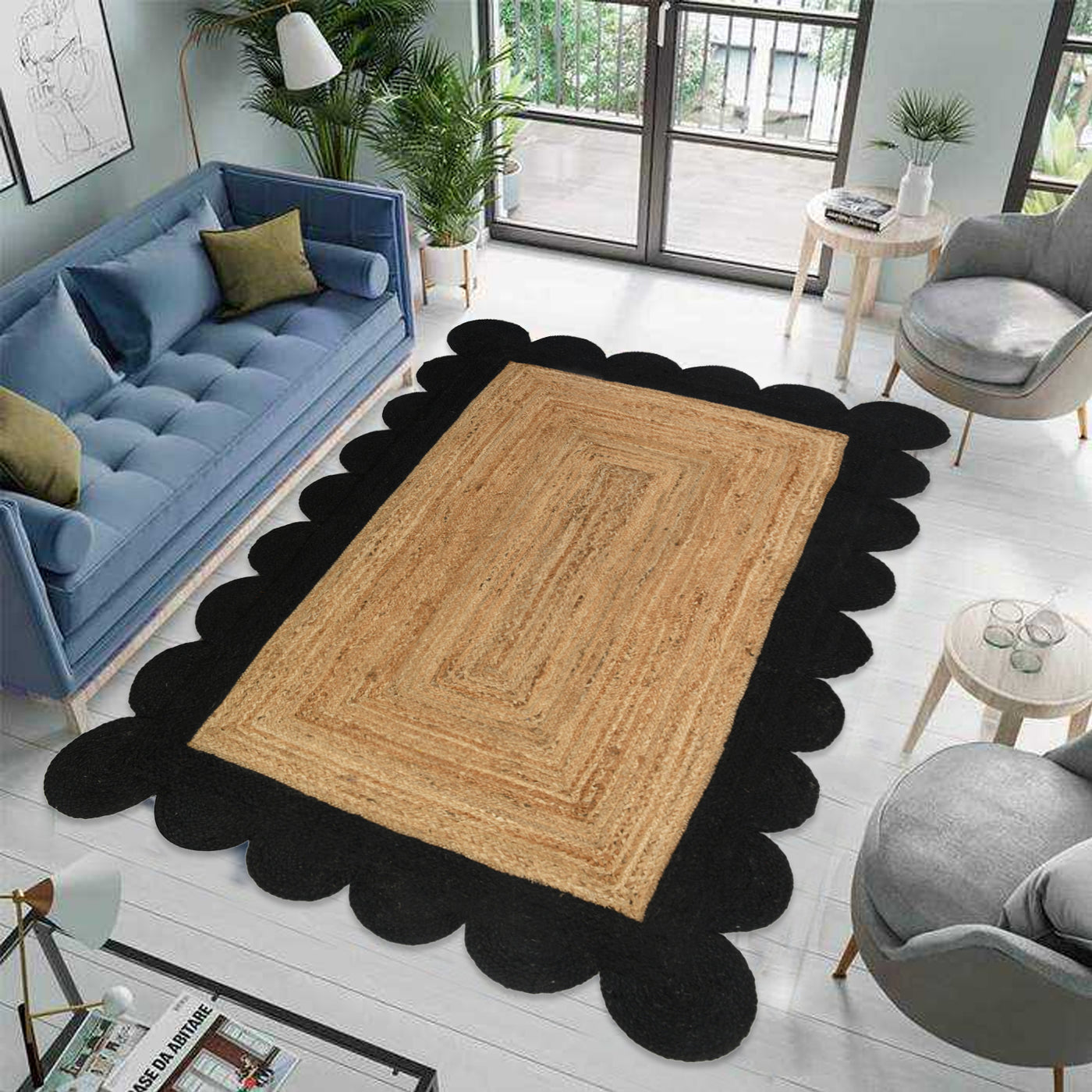 Natural Jute Scalloped Rug, Black Scallop Edge Rug Runner, Modern Decor Boho Hallway Carpet 