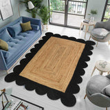 Natural Jute Scalloped Rug, Black Scallop Edge Rug Runner, Modern Decor Boho Hallway Carpet 