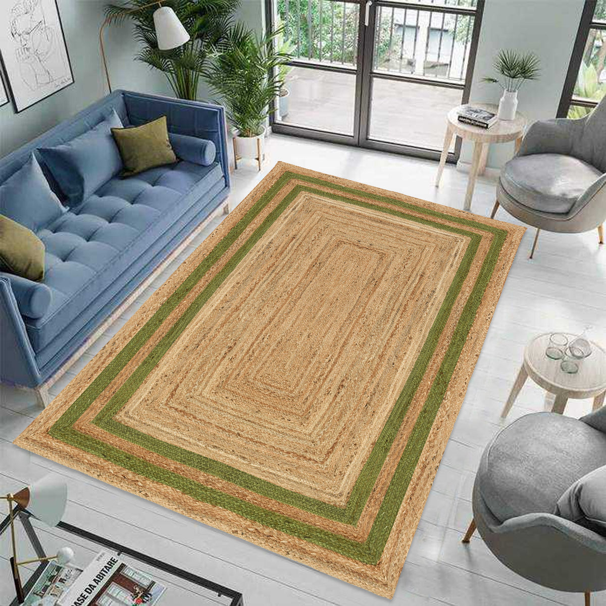 Green Braided Jute Rug | Large Natural Rug for Hallway | Large Heavy Traffic Carpet 