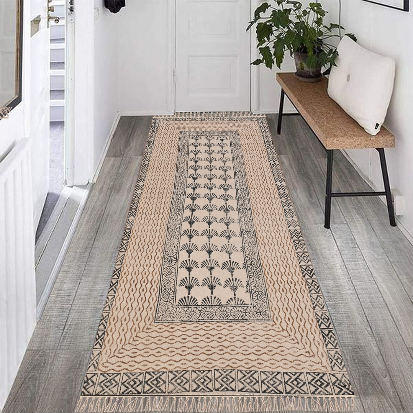 Machine Washable Runner Rug, Block Print Cotton Runner for Hall/Entryway, Picnic Beach Mat