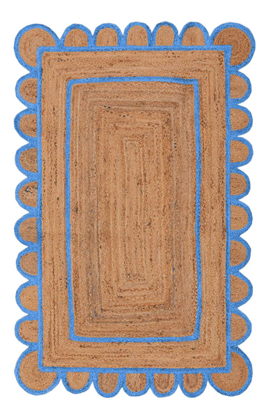 Blue Trim Scalloped Runner Rugs for Bedroom & Living Room ON SALE