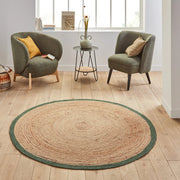 Farmhouse Green Bordered Jute Round Rug for living room, braided round rug
