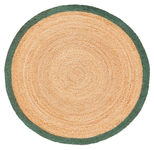 Farmhouse Green Bordered Jute Round Rug for living room, braided round rug