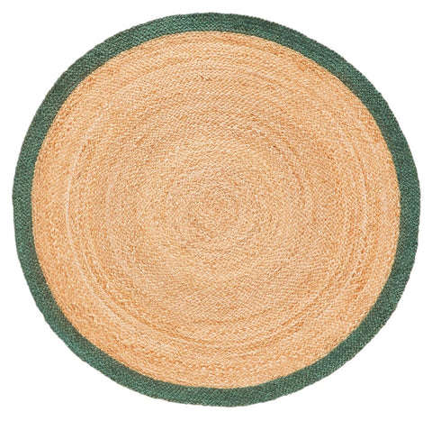 Farmhouse Green Bordered Jute Round Rug for living room, braided round rug